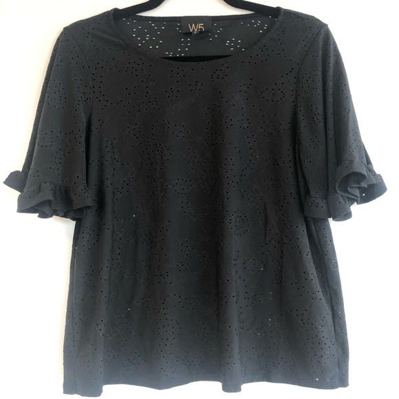 Anthropologie W5 Black Eyelet Flutter Sleeve Short Sleeve Top, Size Small - Picture 2 of 5